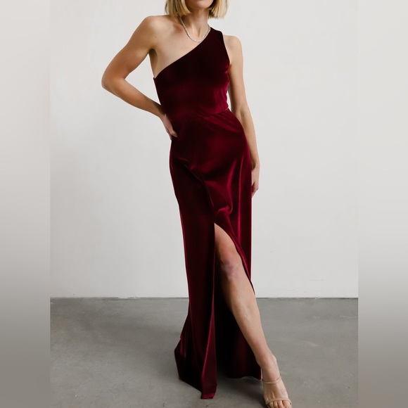 (Red Merlot)Tatiana Velvet One Shoulder Maxi Dress - Picture 1 of 15